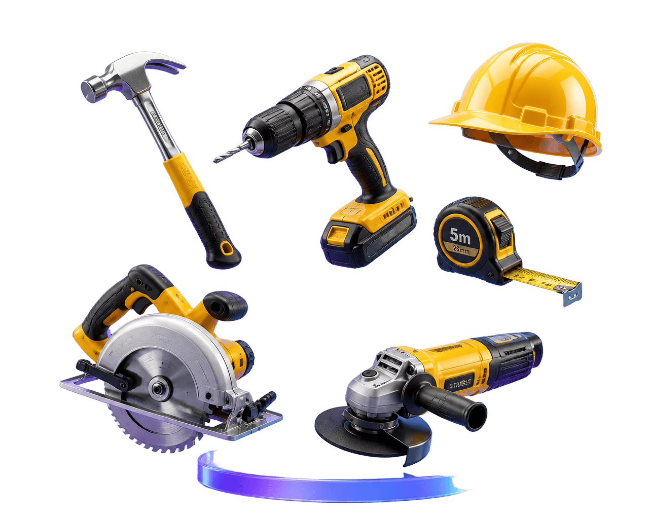 3D construction tools — drill, hammer, saw, hard hat, measuring tape